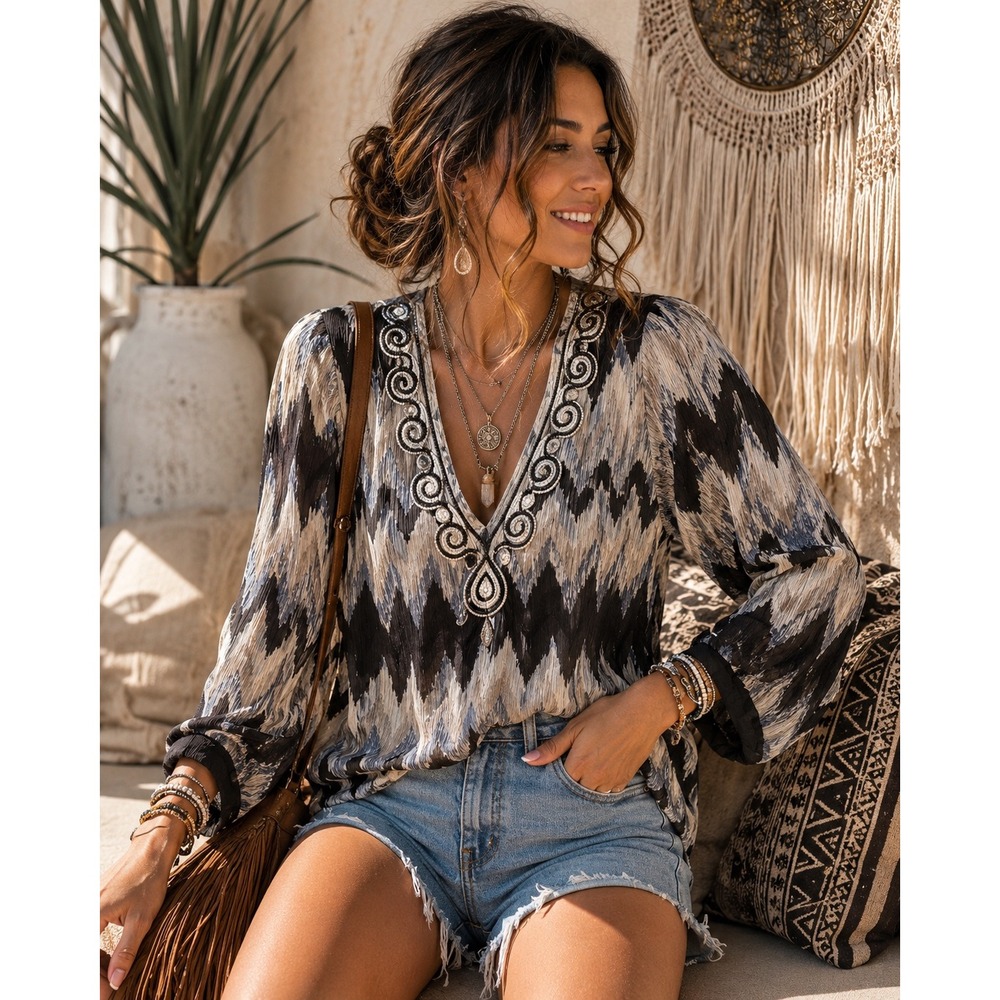 Flou Flou Flou Sequin Beaded Ikat Chevron Sheer V-Neck Bell Sleeve Blouse Top